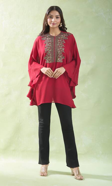 Shop Namrata Joshipura Red Crystals, Stones, Embroidery Round Neck Flower Bloom Embellished Yoke Tunic Online at Aza Fashions Shop_Namrata Joshipura_Red Crystals, Stones, Embroidery Round Neck Flower Bloom Embellished Yoke Tunic _Online_at_Aza_Fashions