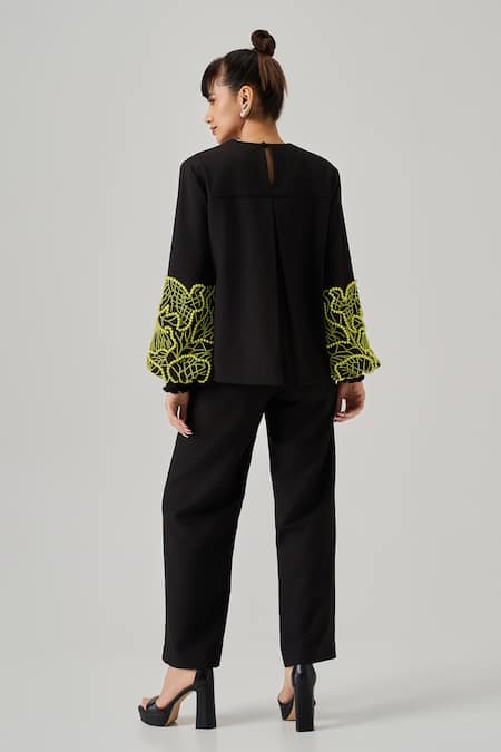 Shop Neetiandmudita Black Italian Crepe Embroidery Pearl V Neck Moonstone Foliage Top at Aza Fashions Shop_Neetiandmudita_Black Italian Crepe Embroidery Pearl V Neck Moonstone Foliage Top _at_Aza_Fashions