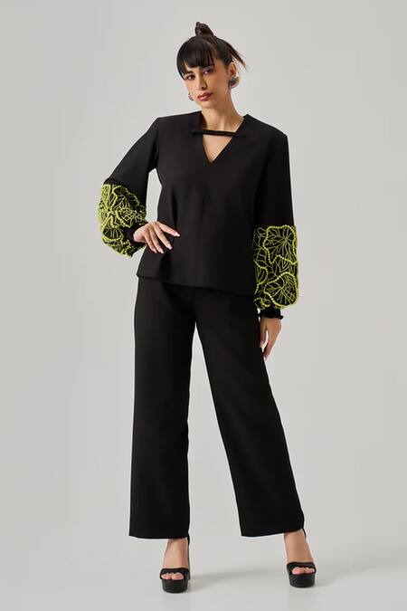 Neetiandmudita Black Italian Crepe Embroidery Pearl V Neck Moonstone Foliage Top Online at Aza Fashions Neetiandmudita_Black Italian Crepe Embroidery Pearl V Neck Moonstone Foliage Top _Online_at_Aza_Fashions