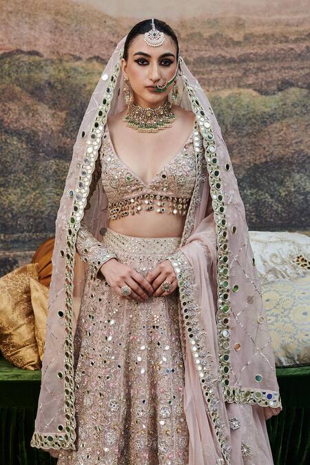 Itrh_Pink Organza Rang De Gulaab Floral Embroidered Mirrorwork Bridal Lehenga Set _Online_at_Aza_Fashions