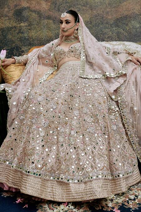 Buy_Itrh_Pink Organza Rang De Gulaab Floral Embroidered Mirrorwork Bridal Lehenga Set _Online_at_Aza_Fashions