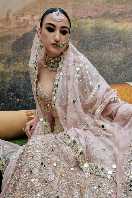 Itrh_Pink Organza Rang De Gulaab Floral Embroidered Mirrorwork Bridal Lehenga Set _at_Aza_Fashions