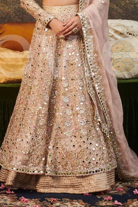Buy_Itrh_Pink Organza Rang De Gulaab Floral Embroidered Mirrorwork Bridal Lehenga Set 