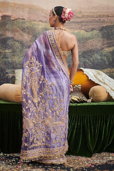 Shop_Itrh_Purple Chanderi Silk, Chanderi, Lace Sequins, Krishna Leela Saree With Blouse _at_Aza_Fashions