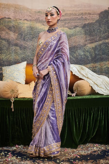 Itrh_Purple Chanderi Silk, Chanderi, Lace Sequins, Krishna Leela Saree With Blouse _Online_at_Aza_Fashions