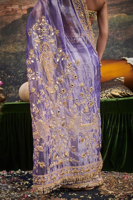 Buy_Itrh_Purple Chanderi Silk, Chanderi, Lace Sequins, Krishna Leela Saree With Blouse _Online_at_Aza_Fashions