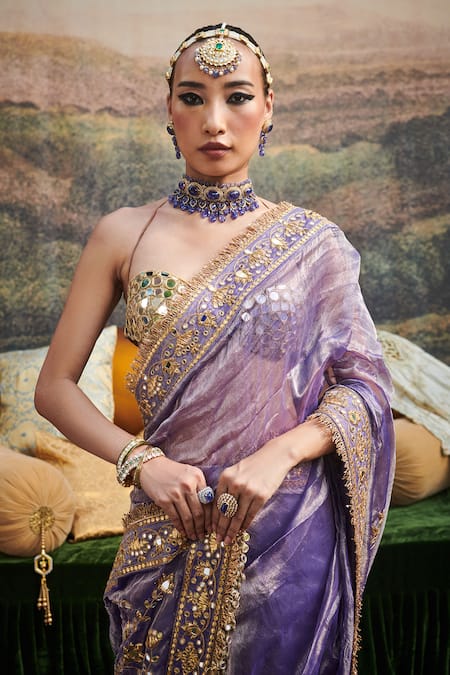 Shop_Itrh_Purple Chanderi Silk, Chanderi, Lace Sequins, Krishna Leela Saree With Blouse _Online_at_Aza_Fashions