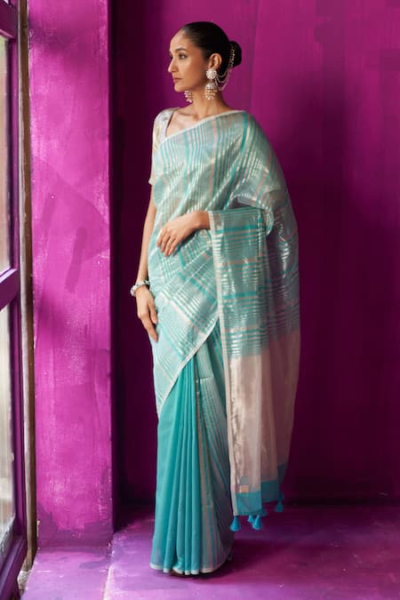 Five Point Five_Blue Chanderi Shabana Asymmetric Stripe Detailed Saree With Running Blouse Piece _Online_at_Aza_Fashions