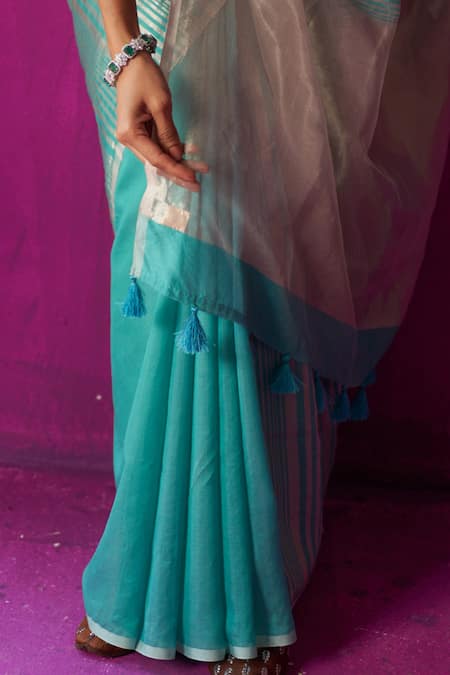Buy_Five Point Five_Blue Chanderi Shabana Asymmetric Stripe Detailed Saree With Running Blouse Piece _Online_at_Aza_Fashions