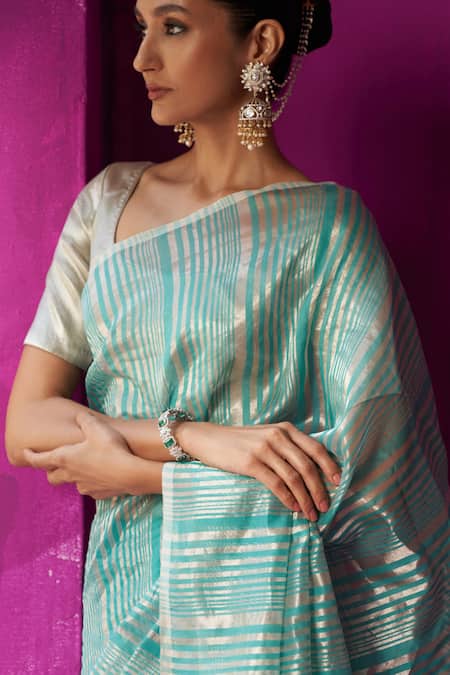 Shop_Five Point Five_Blue Chanderi Shabana Asymmetric Stripe Detailed Saree With Running Blouse Piece _Online_at_Aza_Fashions