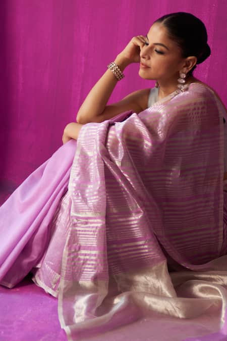 Five Point Five_Purple Chanderi Tassels Shabana Stripe Detailed Saree With Running Blouse Piece _Online_at_Aza_Fashions