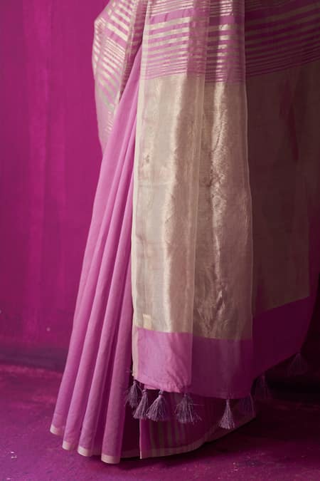 Buy_Five Point Five_Purple Chanderi Tassels Shabana Stripe Detailed Saree With Running Blouse Piece _Online_at_Aza_Fashions