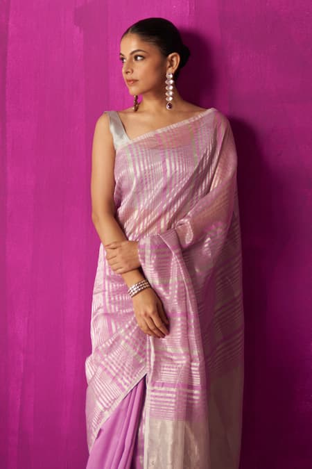 Shop_Five Point Five_Purple Chanderi Tassels Shabana Stripe Detailed Saree With Running Blouse Piece _Online_at_Aza_Fashions