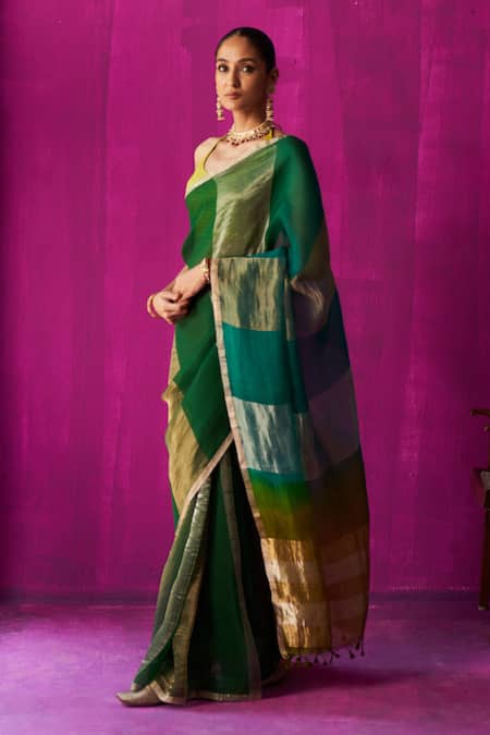 Buy Five Point Five Green Kota Doria Nitya Woven Stripe Saree With Running Bouse Piece Online at Aza Fashions Buy_Five Point Five_Green Kota Doria Nitya Woven Stripe Saree With Running Bouse Piece _Online_at_Aza_Fashions
