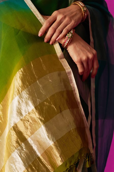 Shop Five Point Five Green Kota Doria Nitya Woven Stripe Saree With Running Bouse Piece Online at Aza Fashions Shop_Five Point Five_Green Kota Doria Nitya Woven Stripe Saree With Running Bouse Piece _Online_at_Aza_Fashions