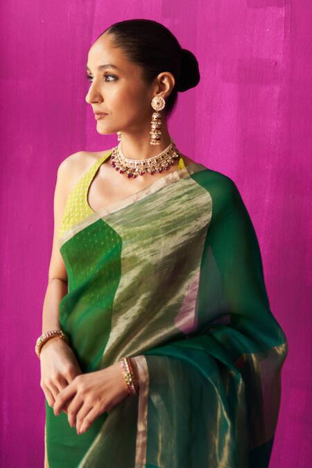 Five Point Five Green Kota Doria Nitya Woven Stripe Saree With Running Bouse Piece at Aza Fashions Five Point Five_Green Kota Doria Nitya Woven Stripe Saree With Running Bouse Piece _at_Aza_Fashions