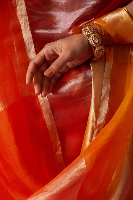 Five Point Five_Red Kota Doria Nitya Broad Woven Stripe Saree With Running Bouse Piece _Online_at_Aza_Fashions