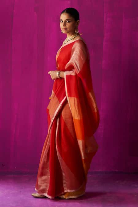Buy_Five Point Five_Red Kota Doria Nitya Broad Woven Stripe Saree With Running Bouse Piece _Online_at_Aza_Fashions