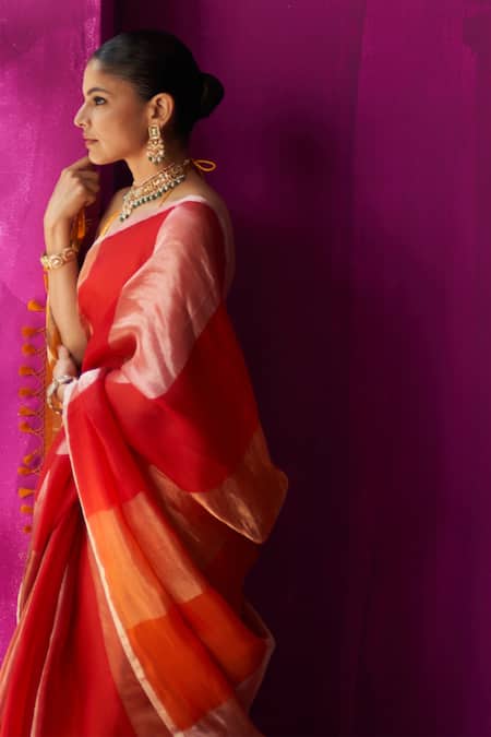 Shop_Five Point Five_Red Kota Doria Nitya Broad Woven Stripe Saree With Running Bouse Piece _Online_at_Aza_Fashions