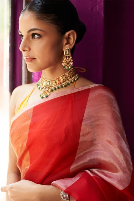 Five Point Five_Red Kota Doria Nitya Broad Woven Stripe Saree With Running Bouse Piece _at_Aza_Fashions