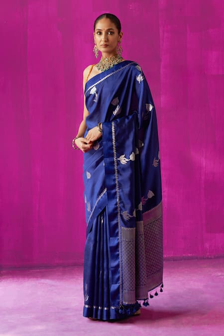 FIVE POINT FIVE Blue Soft Silk Woven Geometric Padmini Floral Saree With Running Blouse Piece 