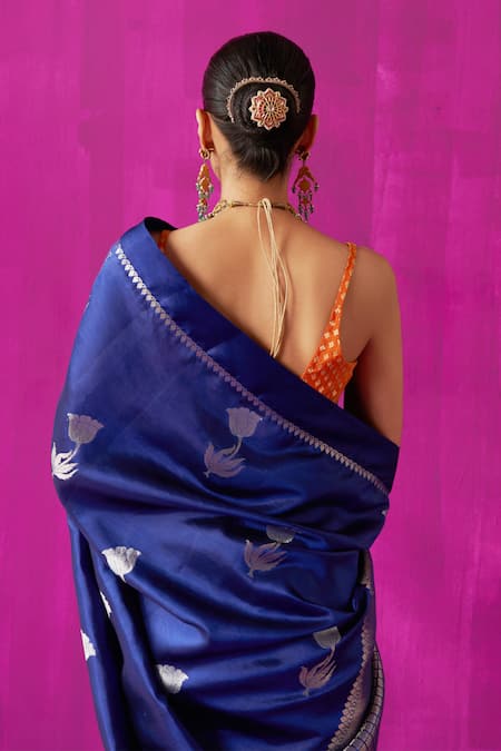 Five Point Five_Blue Silk Embroidery Padmini Floral Woven Saree With Running Blouse Piece _Online_at_Aza_Fashions