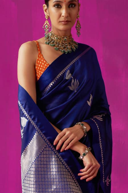 Buy_Five Point Five_Blue Silk Embroidery Padmini Floral Woven Saree With Running Blouse Piece _Online_at_Aza_Fashions