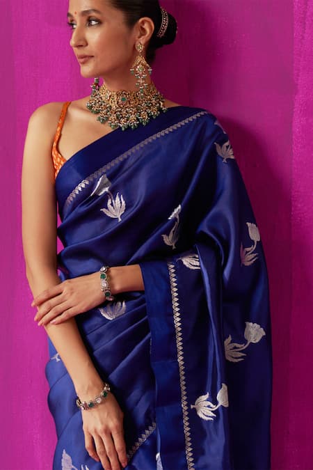 Shop_Five Point Five_Blue Silk Embroidery Padmini Floral Woven Saree With Running Blouse Piece _Online_at_Aza_Fashions