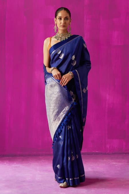 Five Point Five_Blue Silk Embroidery Padmini Floral Woven Saree With Running Blouse Piece _at_Aza_Fashions