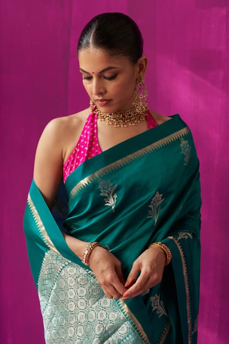 Five Point Five_Green Silk Embroidery Madhavi Floral Woven Saree With Running Blouse Piece _Online_at_Aza_Fashions