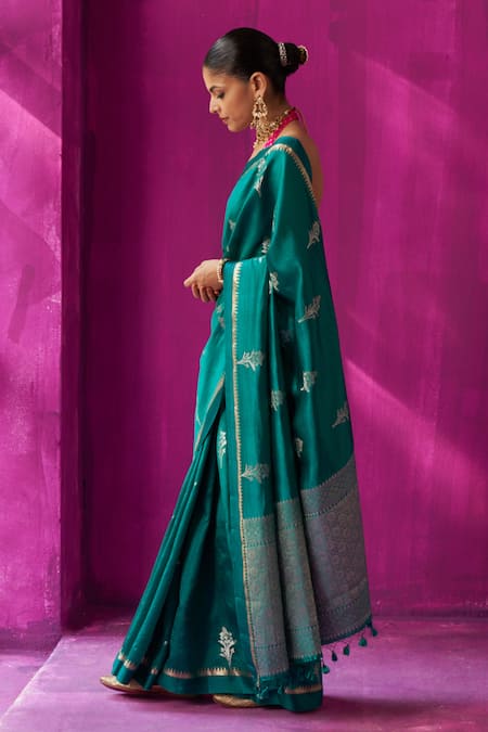 Shop_Five Point Five_Green Silk Embroidery Madhavi Floral Woven Saree With Running Blouse Piece _Online_at_Aza_Fashions