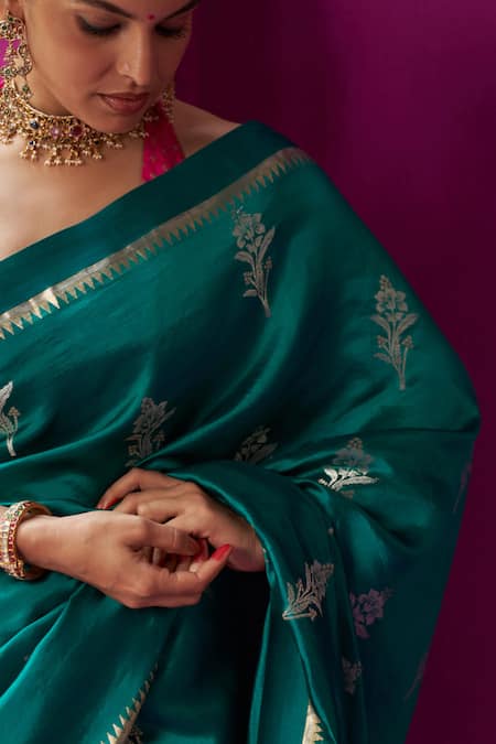 Five Point Five_Green Silk Embroidery Madhavi Floral Woven Saree With Running Blouse Piece _at_Aza_Fashions
