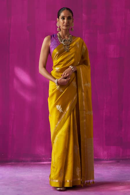 FIVE POINT FIVE Yellow Soft Silk Madhavi Jaal Detailed Pallu Saree With Running Blouse Piece 