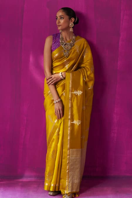 Five Point Five_Yellow Silk Madhavi Jaal Detailed Pallu Saree With Running Blouse Piece _Online_at_Aza_Fashions