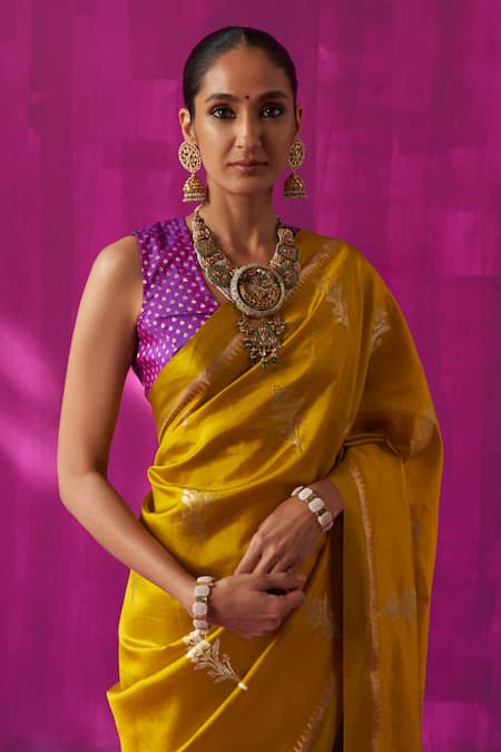 Buy_Five Point Five_Yellow Silk Madhavi Jaal Detailed Pallu Saree With Running Blouse Piece _Online_at_Aza_Fashions