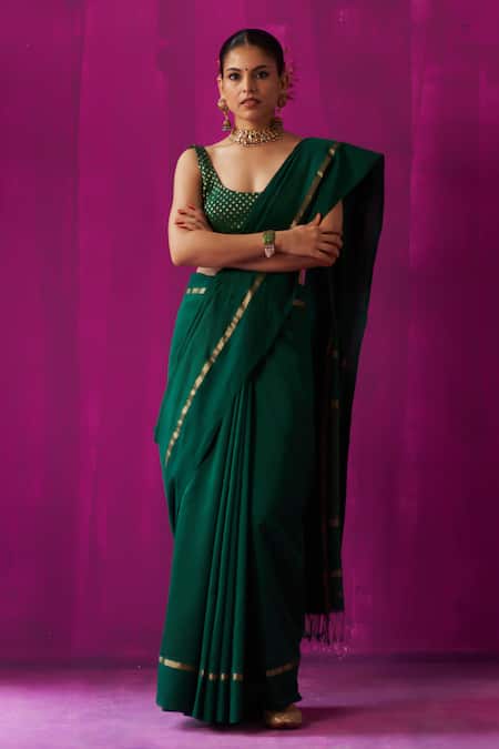 FIVE POINT FIVE Green Maheshwari Woven Stripe Heena Pallu Saree With Running Blouse Piece 