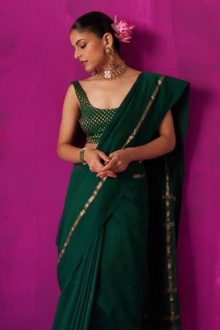 Buy_Five Point Five_Green Maheshwari Heena Striped Pallu Saree With Running Blouse Piece _Online_at_Aza_Fashions