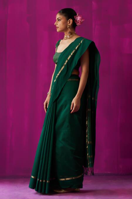 Shop_Five Point Five_Green Maheshwari Heena Striped Pallu Saree With Running Blouse Piece _Online_at_Aza_Fashions