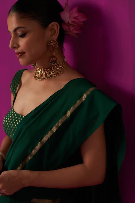 Five Point Five_Green Maheshwari Heena Striped Pallu Saree With Running Blouse Piece _at_Aza_Fashions