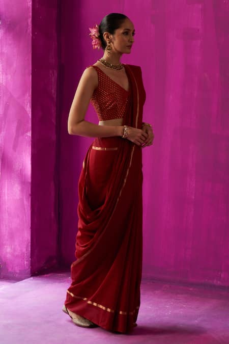 Five Point Five_Maroon Maheshwari Zari Heena Stripe Detailed Saree With Running Blouse Piece _Online_at_Aza_Fashions