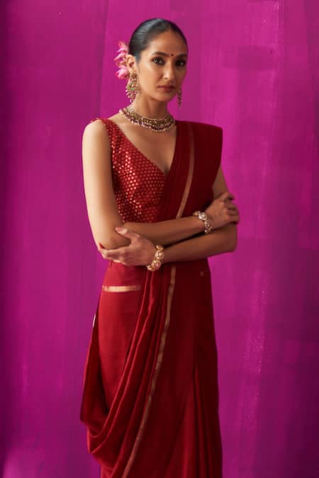 Buy_Five Point Five_Maroon Maheshwari Zari Heena Stripe Detailed Saree With Running Blouse Piece _Online_at_Aza_Fashions