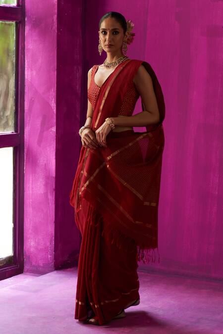 Shop_Five Point Five_Maroon Maheshwari Zari Heena Stripe Detailed Saree With Running Blouse Piece _Online_at_Aza_Fashions