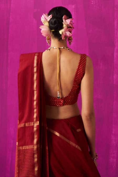 Five Point Five_Maroon Maheshwari Zari Heena Stripe Detailed Saree With Running Blouse Piece _at_Aza_Fashions