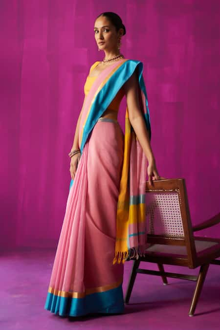 FIVE POINT FIVE Indira Stripe Detailed Saree With Running Blouse Piece 