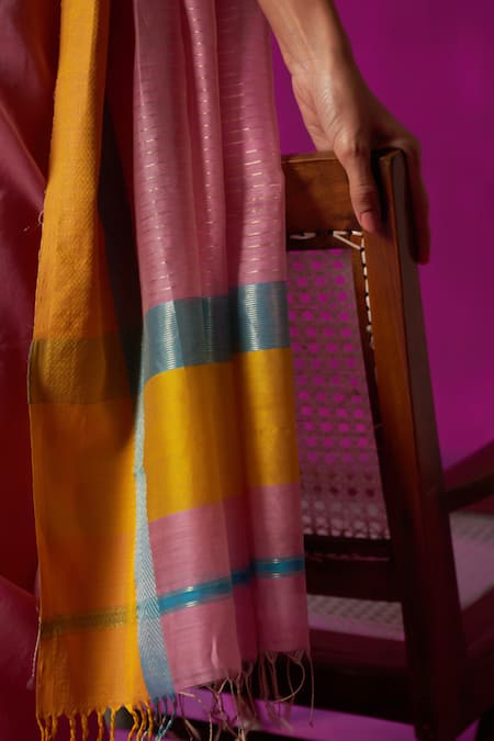 Five Point Five Pink Maheshwari Indira Stripe Detailed Saree With Running Blouse Piece Online at Aza Fashions Five Point Five_Pink Maheshwari Indira Stripe Detailed Saree With Running Blouse Piece _Online_at_Aza_Fashions