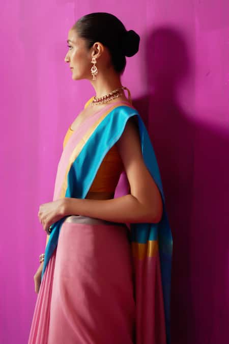 Buy Five Point Five Pink Maheshwari Indira Stripe Detailed Saree With Running Blouse Piece Online at Aza Fashions Buy_Five Point Five_Pink Maheshwari Indira Stripe Detailed Saree With Running Blouse Piece _Online_at_Aza_Fashions