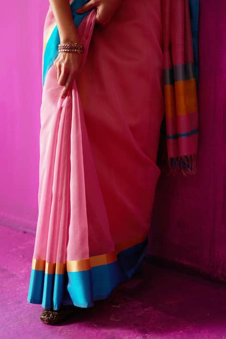 Shop Five Point Five Pink Maheshwari Indira Stripe Detailed Saree With Running Blouse Piece Online at Aza Fashions Shop_Five Point Five_Pink Maheshwari Indira Stripe Detailed Saree With Running Blouse Piece _Online_at_Aza_Fashions