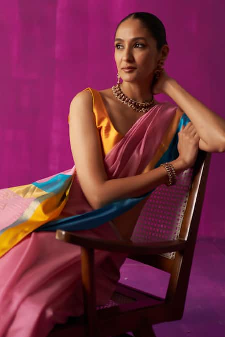 Five Point Five Pink Maheshwari Indira Stripe Detailed Saree With Running Blouse Piece at Aza Fashions Five Point Five_Pink Maheshwari Indira Stripe Detailed Saree With Running Blouse Piece _at_Aza_Fashions