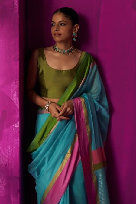 Five Point Five_Blue Maheshwari Embroidery Indira Striped Pallu Saree With Running Blouse Piece _Online_at_Aza_Fashions