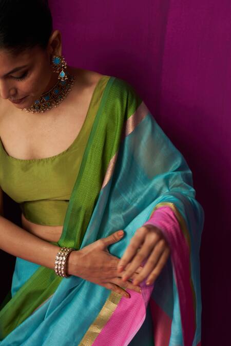 Buy_Five Point Five_Blue Maheshwari Embroidery Indira Striped Pallu Saree With Running Blouse Piece _Online_at_Aza_Fashions